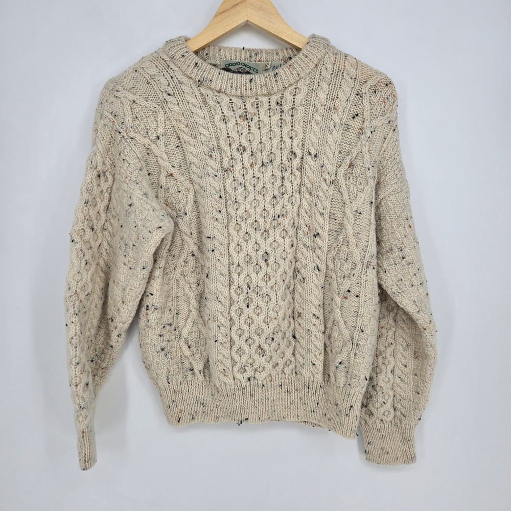 Vtg 100% Wool Womens S Aran Sweater Cottagecore Cozy Cream Flecks Winter